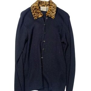 Russ Leopard Collar Black Button Down‎ Cardigan Knit Sweater Vintage Chic Unique